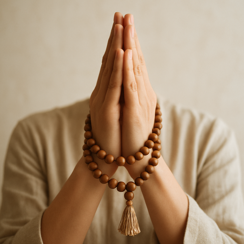 Hands in prayer mudra with mala beads