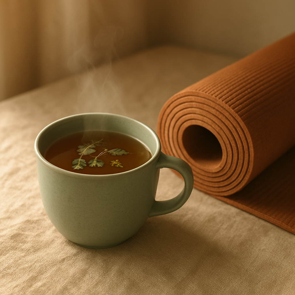 Herbal tea beside a rolled yoga mat