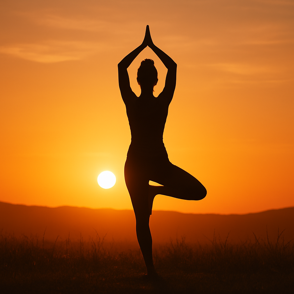 Tree pose silhouette at sunset