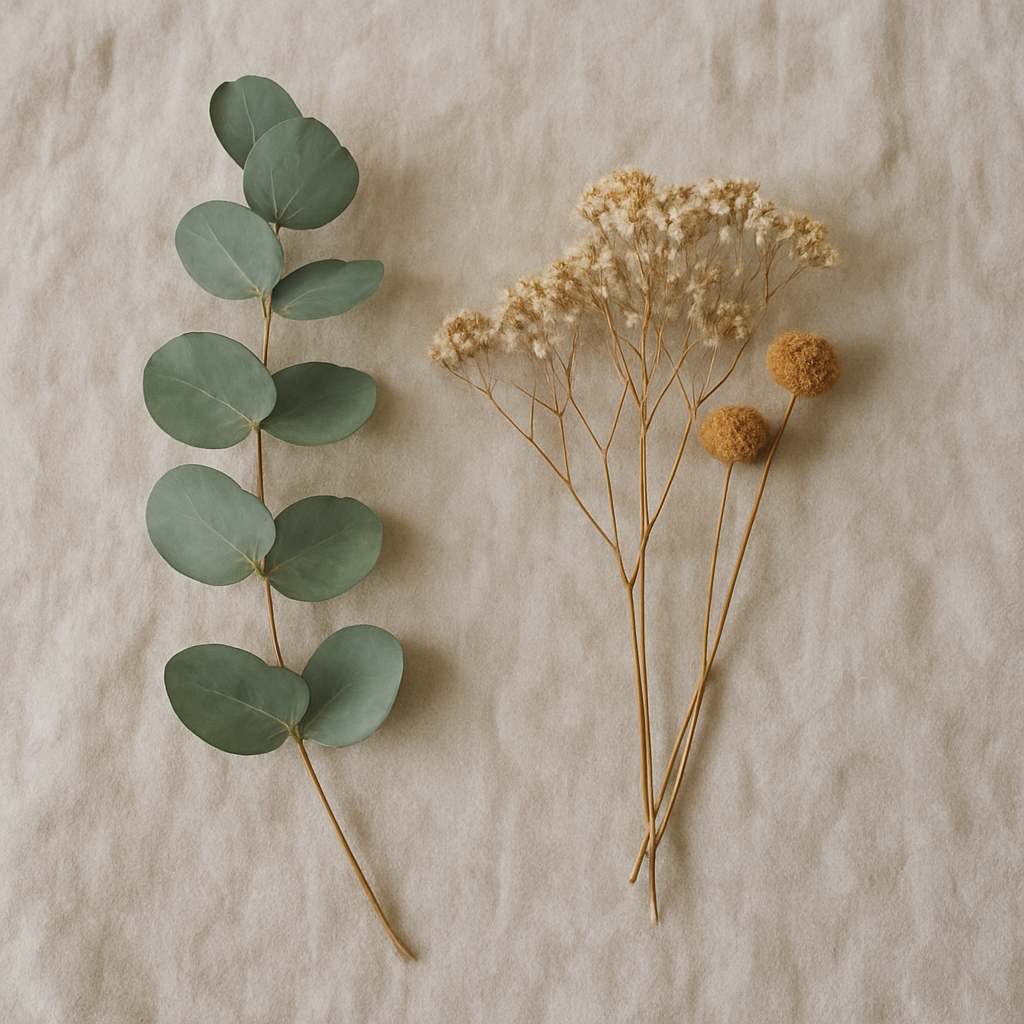 Eucalyptus and dried flowers on linen