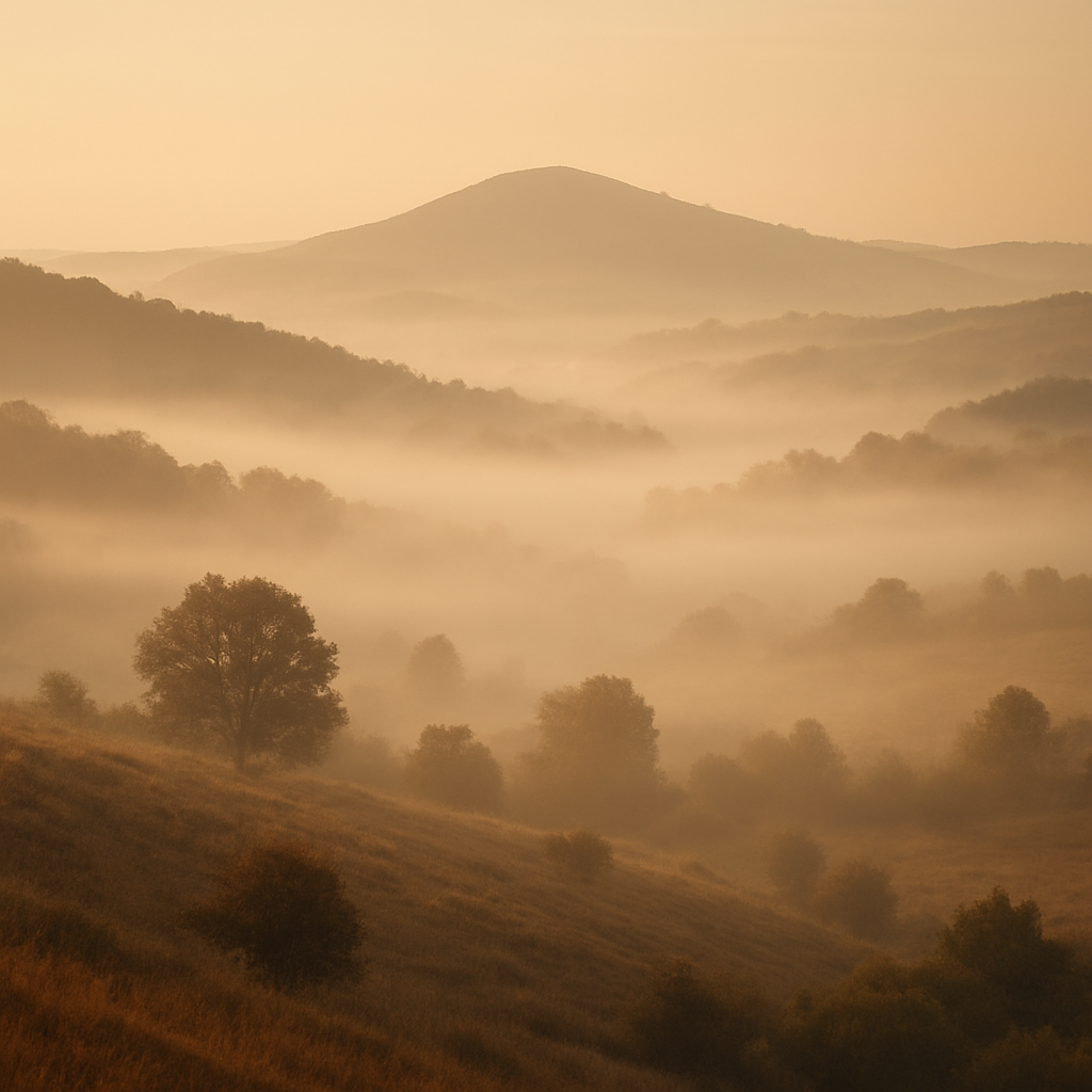 Morning mist over rolling hills